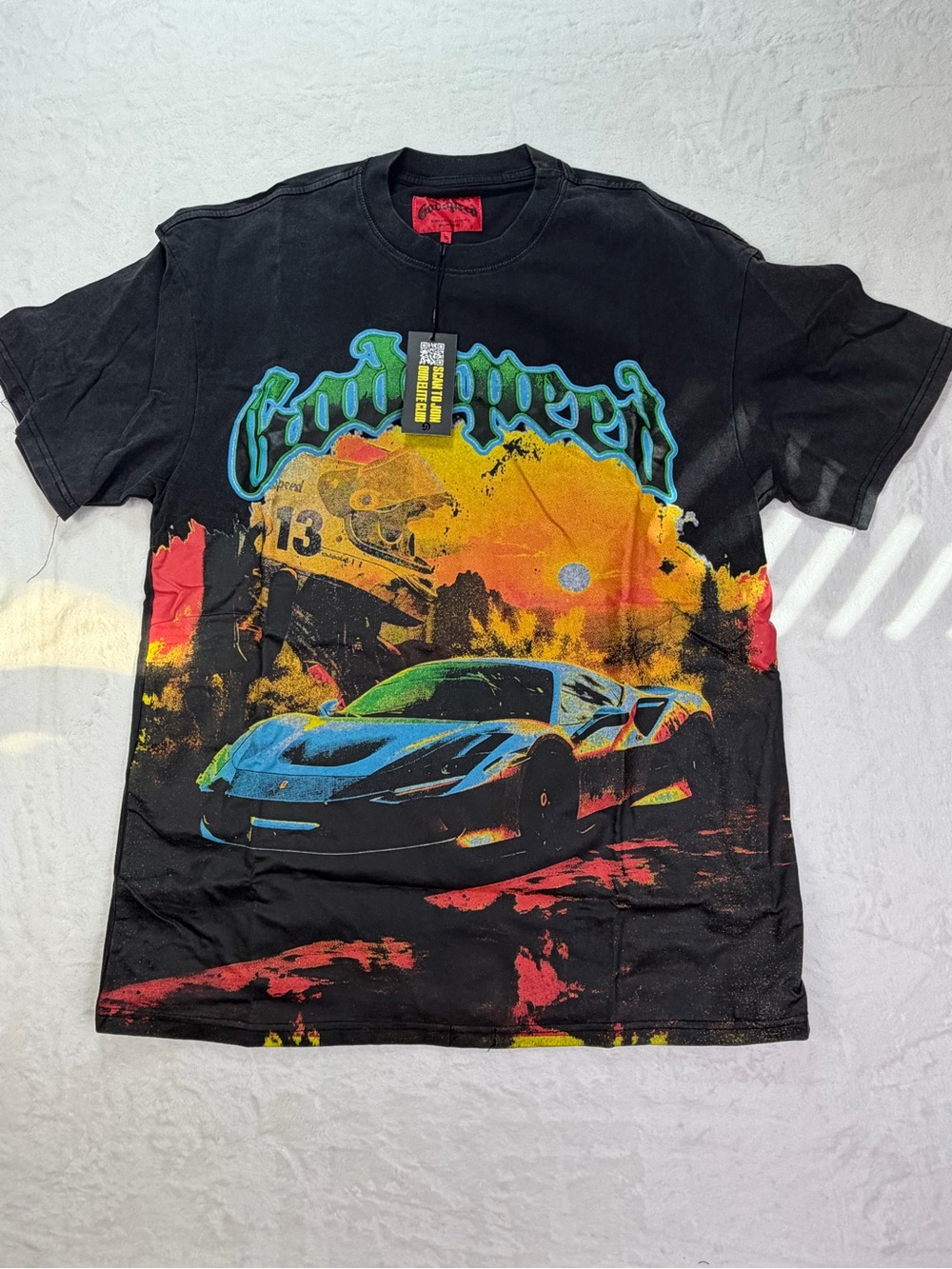 Godspeed Black Short Sleeve Tee with Vibrant Racing Car Graphic